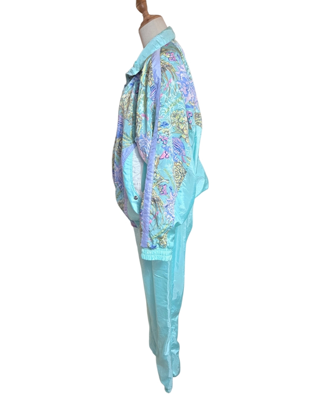 Clipper Bay Vintage Grandma Aqua Pastel Floral Track Suit Jacket & Pants - Picture 9 of 11